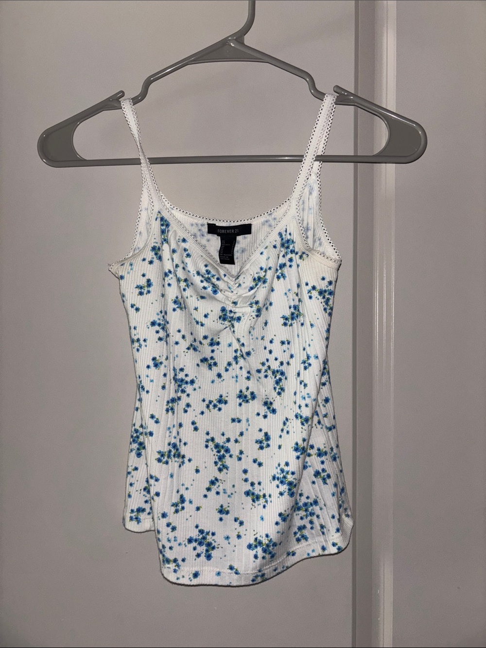 Forever 21 White Ribbed Cami with Blue Floral Print